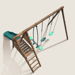 Portique balançoire en bois avec plateforme 3 agrès et toboggan - Violette - Vue de dessus