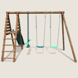 Portique balançoire en bois avec plateforme 3 agrès et toboggan - Violette - Vue de dos