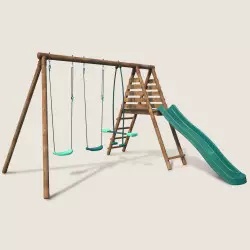Balançoire en bois 3 agrès avec face à face et toboggan VIOLETTE