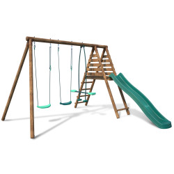 Portique balançoire en bois avec plateforme 3 agrès et toboggan - Violette - Vue 3/4 droite - Fond blanc