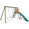Portique balançoire en bois avec plateforme 3 agrès et toboggan - Violette - Vue 3/4 droite - Fond blanc