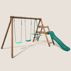 Balançoire en bois 3 agrès avec face à face et toboggan FIGUE