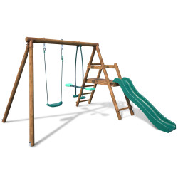 Petite station balançoire en bois 2 agrès et toboggan en plastique - Menthe - Vue 3/4 droite - Fond blanc