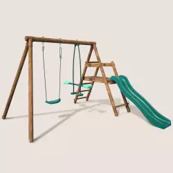 Balançoire en bois 2 agrès avec face à face et toboggan MENTHE