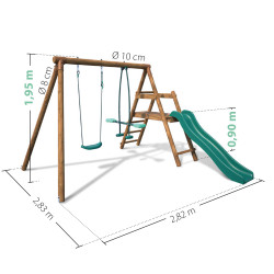 Petite station balançoire en bois 2 agrès et toboggan en plastique - Menthe - Dimensions