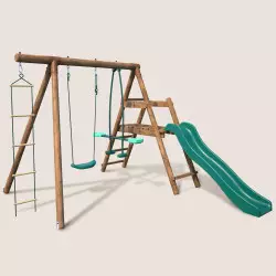 Balançoire en bois 3 agrès avec face à face, échelle et toboggan MÛRIER