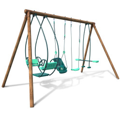 Portique balançoire en bois 4 agrès de 6 mois à 12 ans - 6 enfants - Suzanne - Vue 3/4 droite sur fond blanc