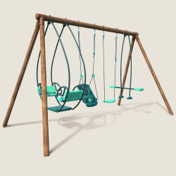 Portique balançoire en bois 4 agrès de 6 mois à 12 ans - 6 enfants - Suzanne - Vue 3/4 droite