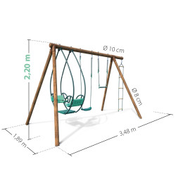 Portique balançoire en bois traité 3 agrès et échelle - Juliette - Dimensions