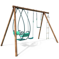 Portique balançoire en bois traité 3 agrès et échelle - Juliette - Vue 3/4 droite