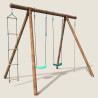 Portique en bois avec corde et échelle 4 agrès - Ernest - Vue 3/4 droite fond beige