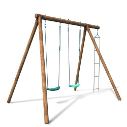 Portique en bois avec échelle et balançoire 3 agrès - Arthur - Vue 3/4 droite