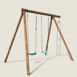 Portique en bois avec échelle et balançoire 3 agrès - Arthur - Vue 3/4 droite