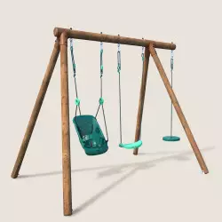 Portique balançoire en bois 3 agrès avec siège bébé et corde disque TIAGO
