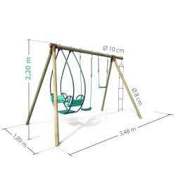 Portique balançoire en bois 4 agrès avec trapèze, échelle et face à face JULIE_visuel_dimensions