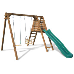 Balançoire avec toboggan en bois traité carré, 2 agrès - Prune - Vue 3/4 droite - Fond blanc