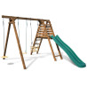 Balançoire avec toboggan en bois traité carré, 3 agrès - Fleur - Vue de 3/4 - Fond blanc