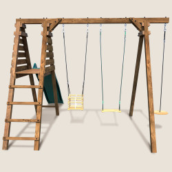 Balançoire avec toboggan en bois traité carré, 3 agrès - Fleur - Vue de dos