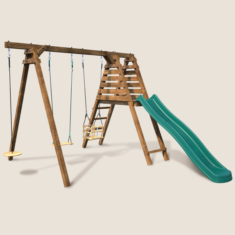 Balançoire avec toboggan en bois traité carré, 3 agrès - Fleur - Vue de 3/4