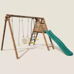 Balançoire en bois 3 agrès balançoire bébé, face à face et toboggan TREFLE