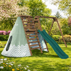 Aire de jeux en bois Apollon – Multi-activités avec toboggan, balançoires, escalade et tipi - Vue ambiance dans jardin