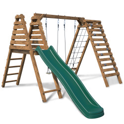 Portique en bois traité pour enfant avec balançoire, mur d'escalade et toboggan - Isis