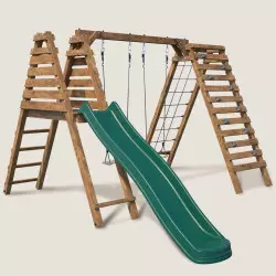 Aire de jeux en bois avec 2 balançoires, mur d'escalade et toboggan ISIS