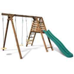 Parque infantil de madera Flower con columpios y tobogán – vista lateral