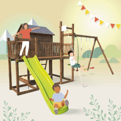 Casita de juegos para niños con columpio y cuerda para escalar - COTTAGE HAPPY