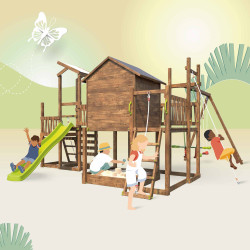 Casita de juegos para niños con muro de escalada y cuerda - COTTAGE CRAZY