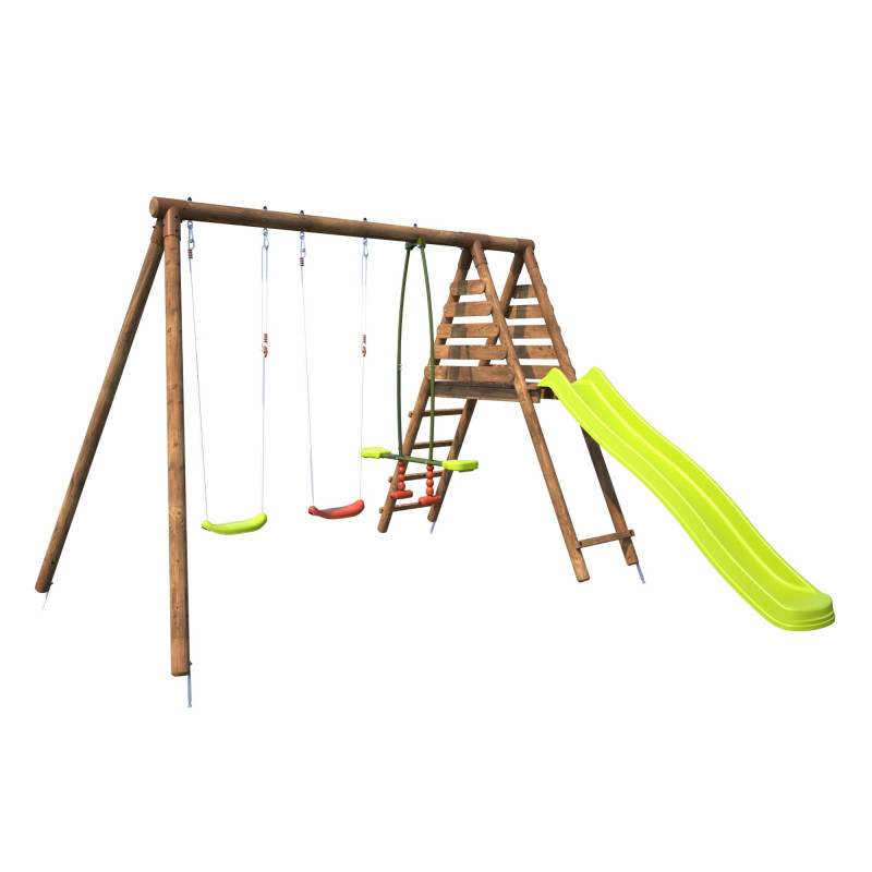 Portique en bois avec plateforme 3 agrès et toboggan - Violette - Vue 3/4 droite