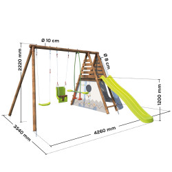 Station en bois avec portique, tipi et toboggan - Camélia - Dimensions