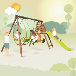 Portique en bois avec balançoire balancelle et toboggan - Nigel - Pour 6 enfants de 3 à 12 ans