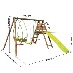 Portique en bois avec balançoire balancelle et toboggan - Nigel - Dimensions