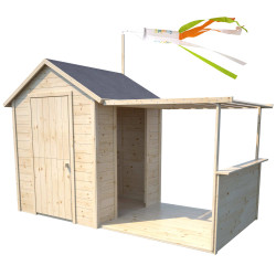 Cabane en bois avec pergola pour enfants - Eugénie - Vue 3/4 gauche