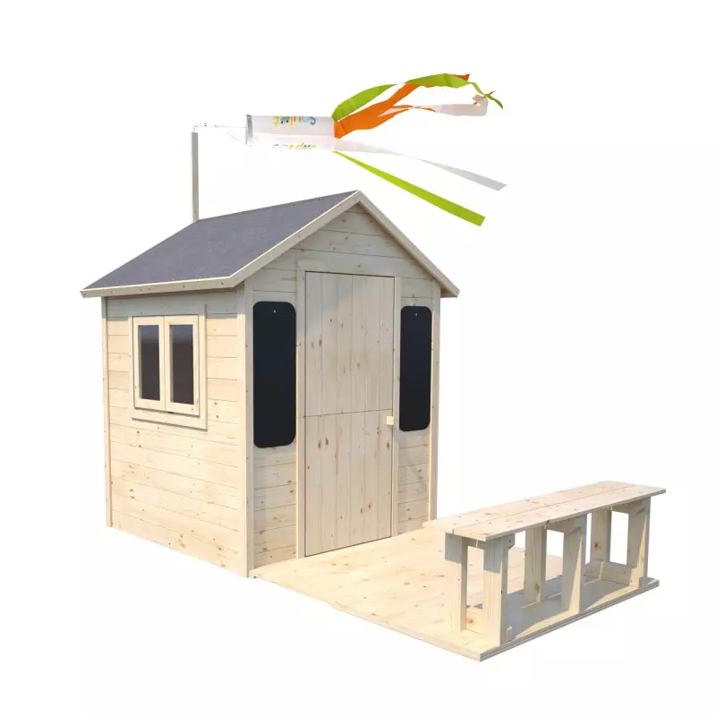 Cabane en bois avec terrasse et banc pour enfants - Grace - Vue 3/4 droite