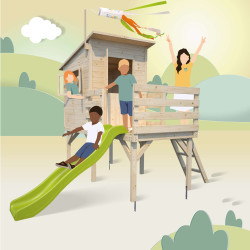 Cabane avec toboggan en bois sur pilotis pour enfants - Portland - Pour 4 enfants de 3 à 12 ans
