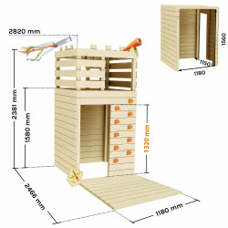 Cabane en bois pour enfants et ado avec mur escalade - Knight - Dimensions
