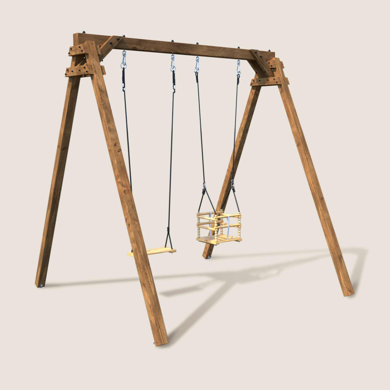 Portico balancín de madera tratada cuadrada, 2 aparatos - Ámbar - Vista 3/4 derecha