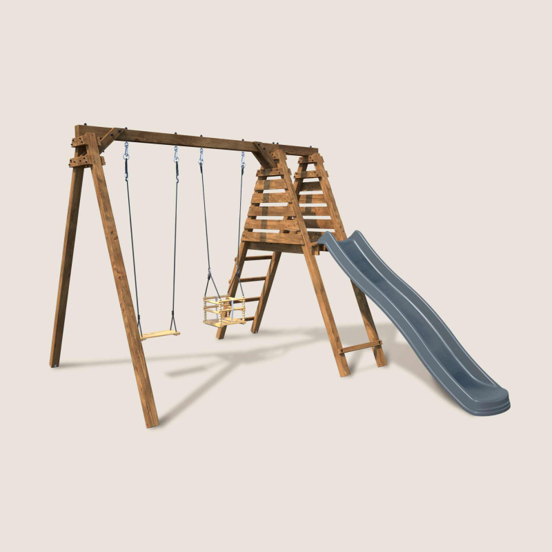 Columpio con tobogán de madera tratada cuadrada, Objectif Nature 2 aparatos - Ciruela - Vista 3/4 derecha