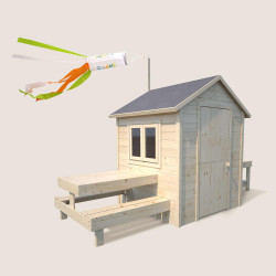 Cabaña de madera con mesa y mini cocina para niños - Blanco