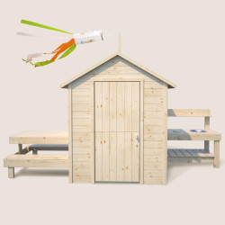 Cabaña de madera con mesa y mini cocina para niños - Blanco
