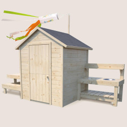Cabaña de madera con mesa y mini cocina para niños - Blanco