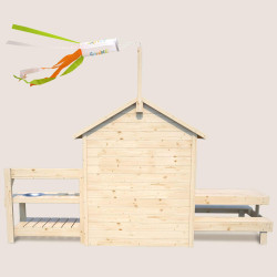 Cabaña de madera con mesa y mini cocina para niños - Blanco