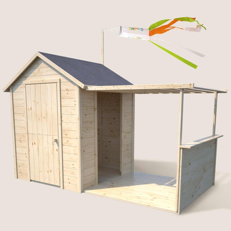 Casita infantil de madera Eugénie con pérgola - Vista principal lateral packshot fondo beige