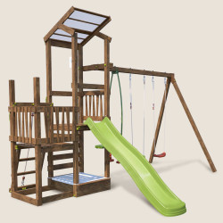 Zona de juegos FUNNY Swing & Climbing 120 de 2 torres con columpios y pared de escalada.