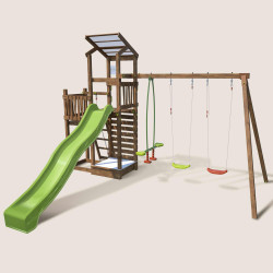 Zona de juegos infantiles con 2 torres, columpios y rocódromo - FUNNY Swing & Climbing 150