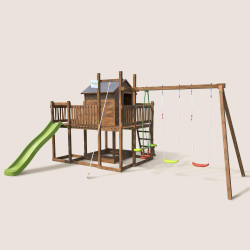 Casita de juegos para niños con columpio y cuerda para escalar - COTTAGE HAPPY