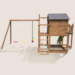 Casita de juegos para niños con columpio y cuerda para escalar - COTTAGE HAPPY