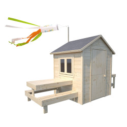 Cabaña de madera con mesa y mini cocina para niños - Blanco